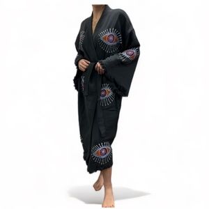 The Pinus Women's Evil Eye Kimono Charcoal Gray Hand Painted 100% COTTON
